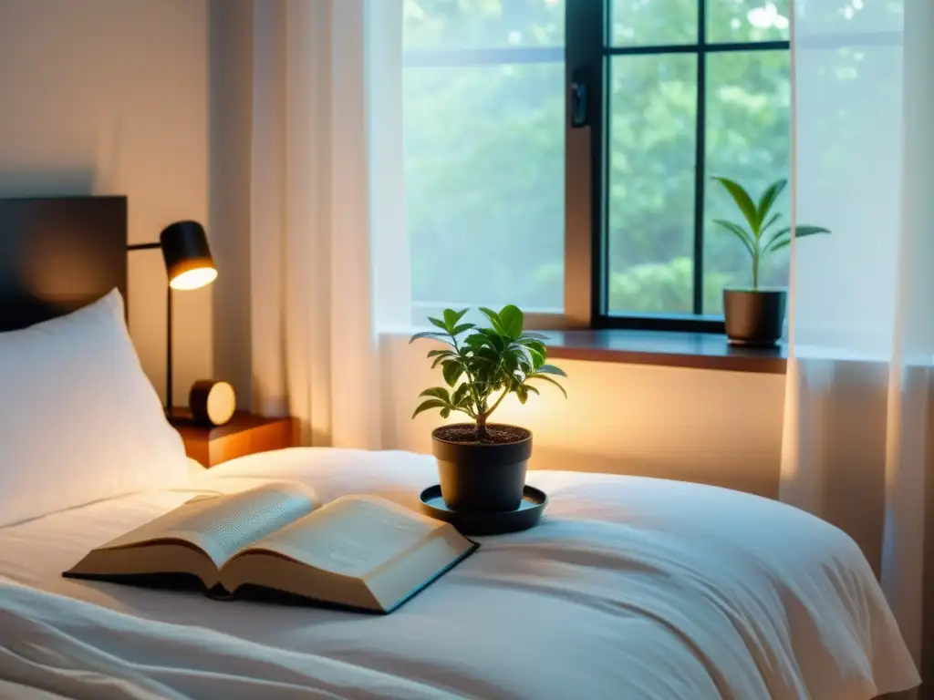 Un dormitorio moderno y tranquilo con iluminación suave, una cama cómoda, sábanas blancas y una ventana grande que deja entrar luz suave