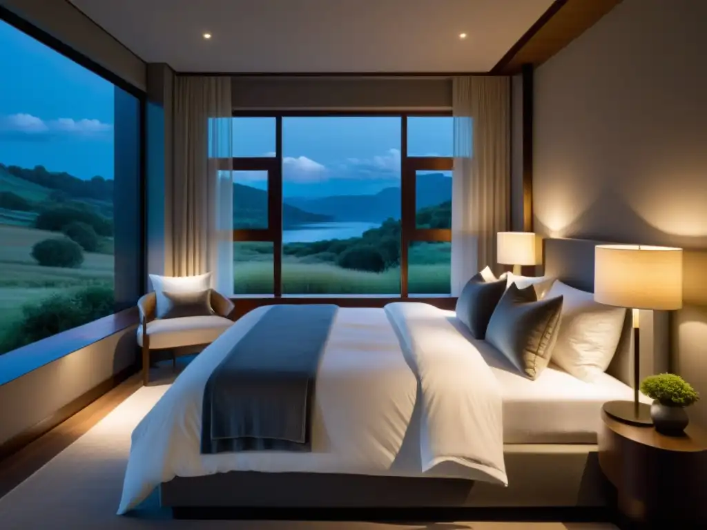 Un dormitorio sereno y acogedor con una cama cómoda y una vista relajante de la luna, ideal para mejorar el sistema inmunológico con sueño reparador