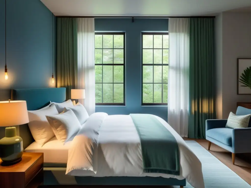 Dormitorio sereno con cama acogedora y vistas relajantes Un dormitorio sereno y acogedor iluminado con luz tenue, destacando una cama acogedora con sábanas blancas impecables y un edredón mullido