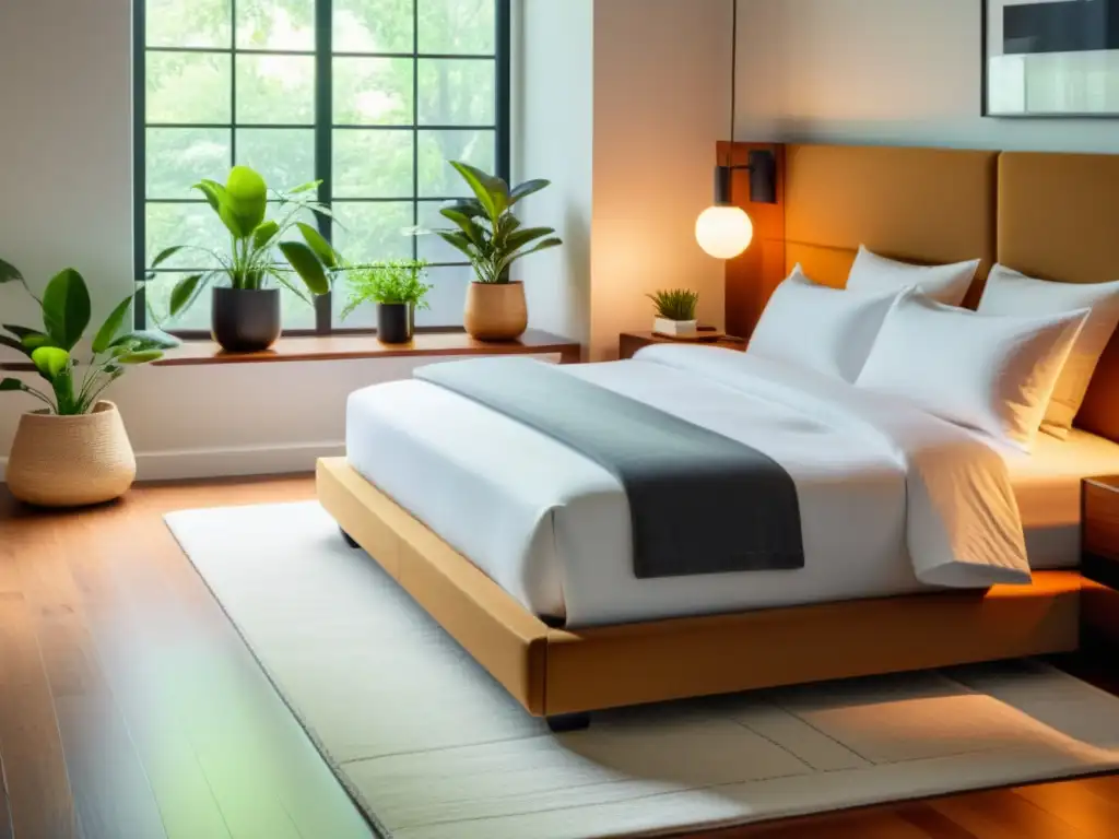 Dormitorio sereno con luz suave y tecnología de seguimiento del sueño Un dormitorio sereno y acogedor con luz suave