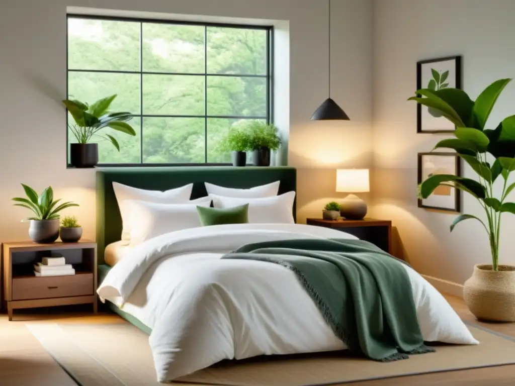 Refugio de tranquilidad: cama acogedora, luz suave y naturaleza Un dormitorio sereno con una cama cómoda, sábanas blancas, almohadas suaves y una manta acogedora
