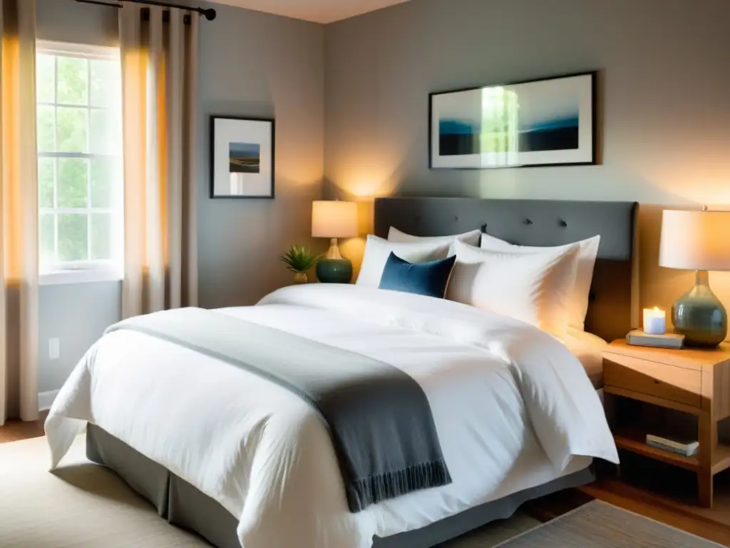 Habitación serena con cama lujosa y libros Un dormitorio sereno con una cama grande y mullida cubierta con sábanas blancas
