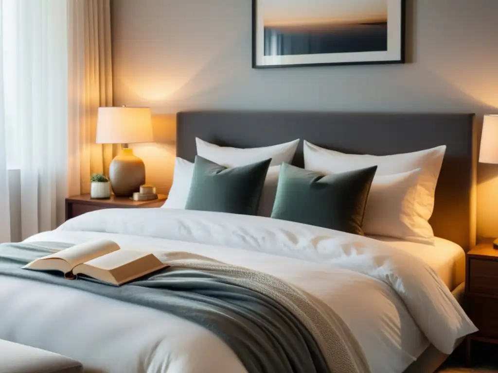 Escena relajante en dormitorio con cama grande y suave Un dormitorio sereno con cama grande, sábanas blancas, almohadas mullidas y manta acogedora
