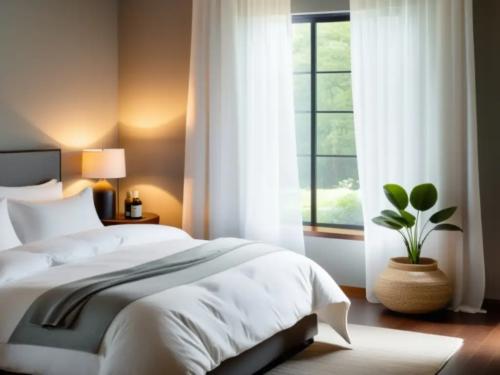 Un dormitorio sereno con iluminación suave que promueve un ambiente de sueño reparador para mejorar el sistema inmunológico