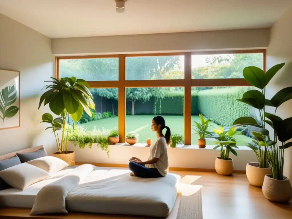 Espacio zen: mindfulness y relajación en un dormitorio soleado Un dormitorio sereno iluminado por el sol con vista a un exuberante jardín