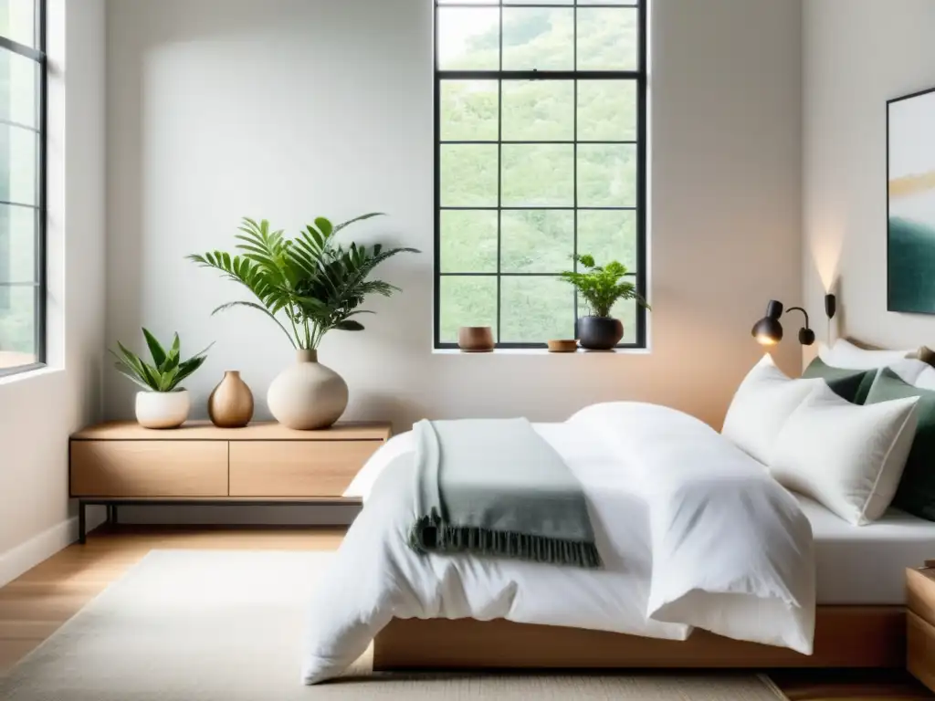 Tranquilidad y confort en un dormitorio luminoso Un dormitorio sereno con luz natural y decoración minimalista para mejorar sistema inmunológico y sueño reparador