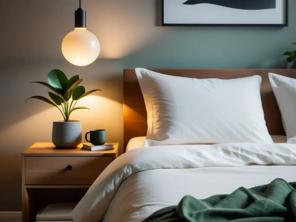 Tranquilidad y serenidad: dormitorio minimalista con luz natural suave Un dormitorio sereno con luz natural suave que mejora el sistema inmunológico para un sueño reparador