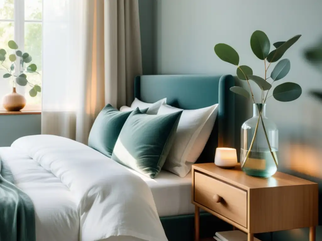 Tranquila habitación minimalista con luz natural Un dormitorio sereno con luz natural suave, cama ordenada y ambiente calmante para mejorar sistema inmunológico sueño reparador