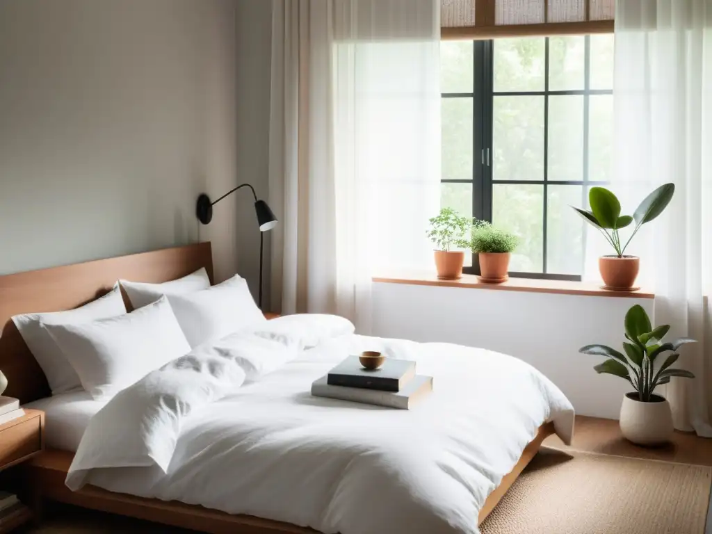 Refugio sereno: dormitorio minimalista con luz natural suave Un dormitorio sereno con luz natural suave, ropa de cama blanca impecable y detalles acogedores