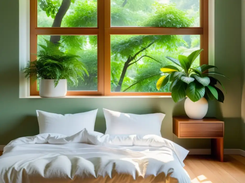 Refugio sereno: Dormitorio luminoso con plantas y calma Un dormitorio sereno con luz natural, sábanas blancas impecables y plantas verdes