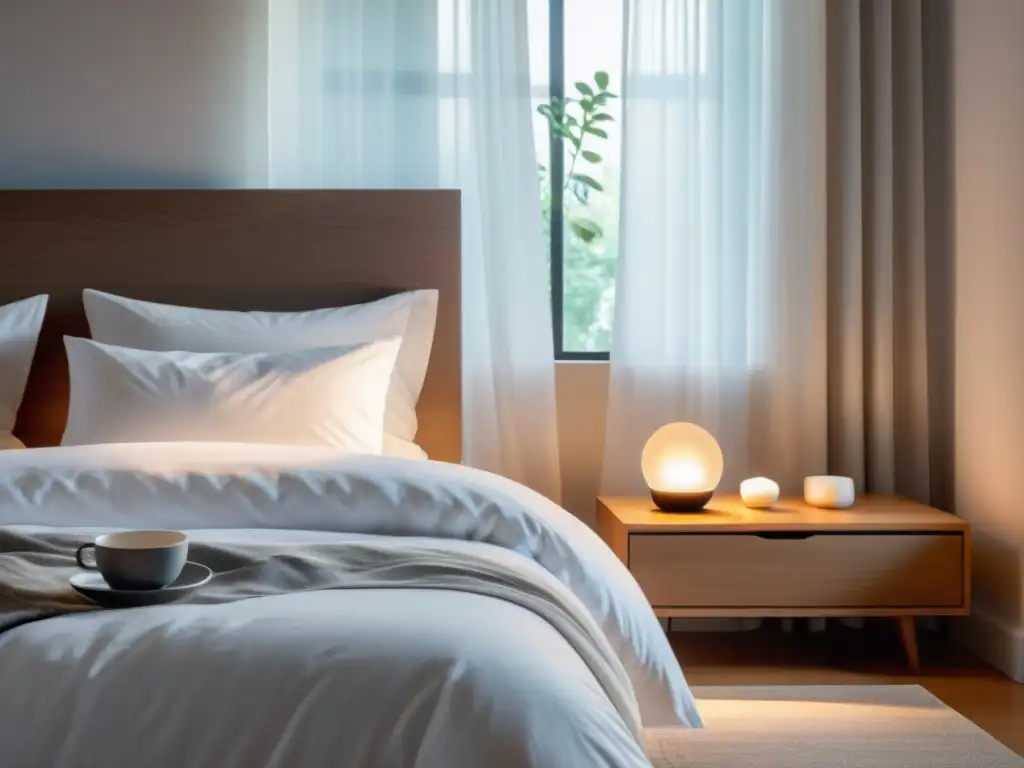Tranquilidad en el dormitorio: imagen 8k con luz suave y ambiente relajante Un dormitorio sereno con luz natural suave, cama hecha y tonos neutrales, ideal para ritmos biológicos sistema inmunológico