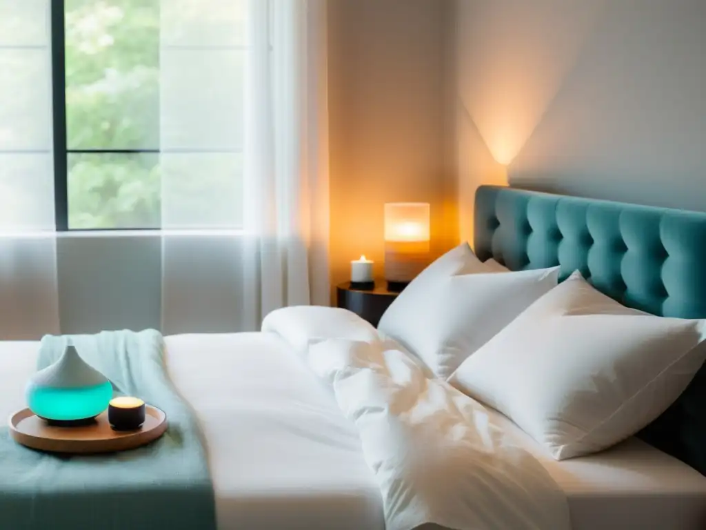 Habitación minimalista con luz natural suave y serenidad Un dormitorio sereno y minimalista que promueve la meditación y beneficios de calidad sueño