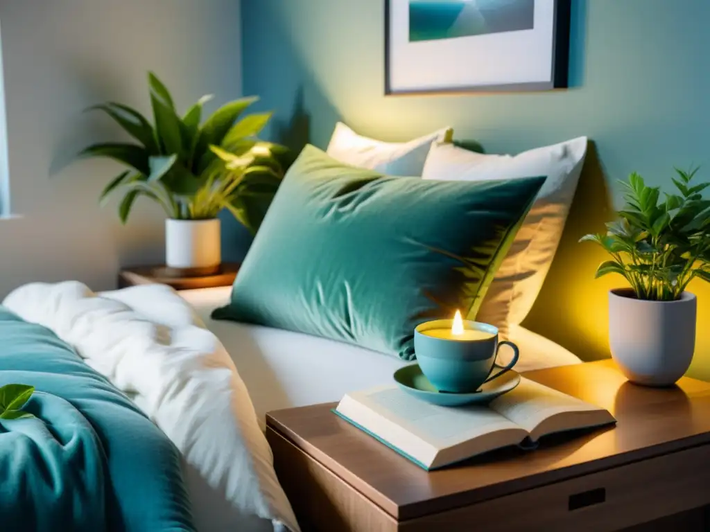 Un dormitorio sereno con iluminación suave, cama acogedora, plantas verdes y libros sobre relajación para mejorar sistema inmunológico con sueño