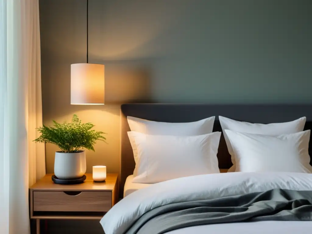 Un dormitorio tranquilo con iluminación suave y una cálida sensación de relajación