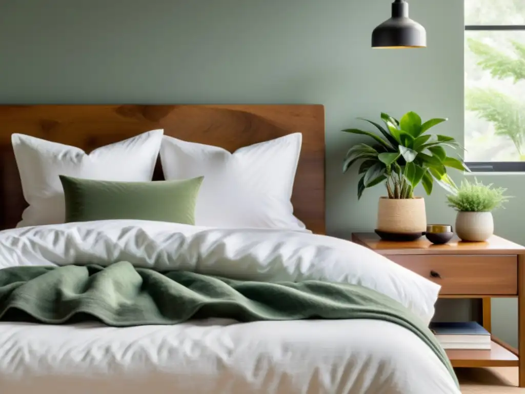 Refugio de tranquilidad: dormitorio acogedor y relajante Un dormitorio tranquilo con iluminación suave, cama cómoda, plantas verdes y detalles acogedores