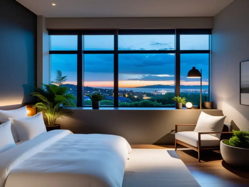 Serenidad nocturna en dormitorio minimalista Un dormitorio tranquilo con iluminación suave, una cama ordenada con sábanas blancas y decoración minimalista