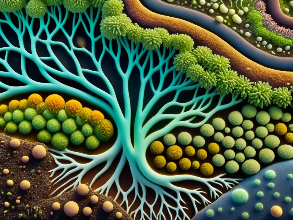 Microorganismos en simbiosis con raíces de plantas Un ecosistema vibrante de microorganismos y raíces de plantas en suelo fértil, resaltando la interconexión del microbioma y sistema inmunológico