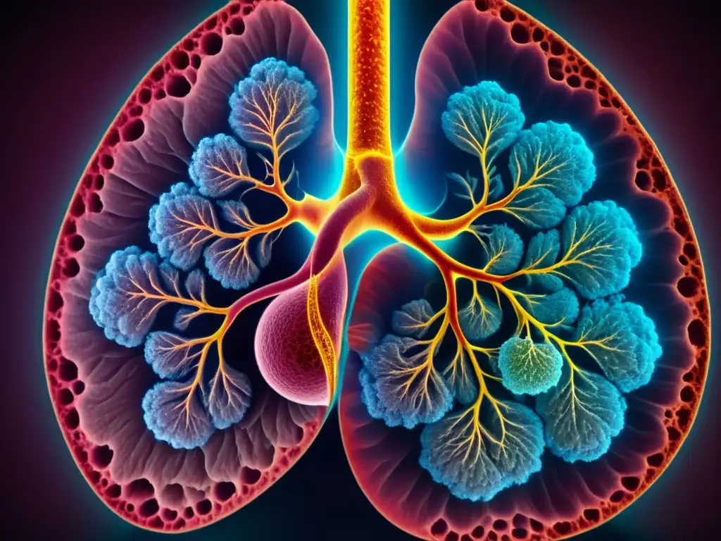 Efecto del ozono en el sistema inmunológico: Detalle microscópico de tejido pulmonar afectado, mostrando inflamación y daño celular