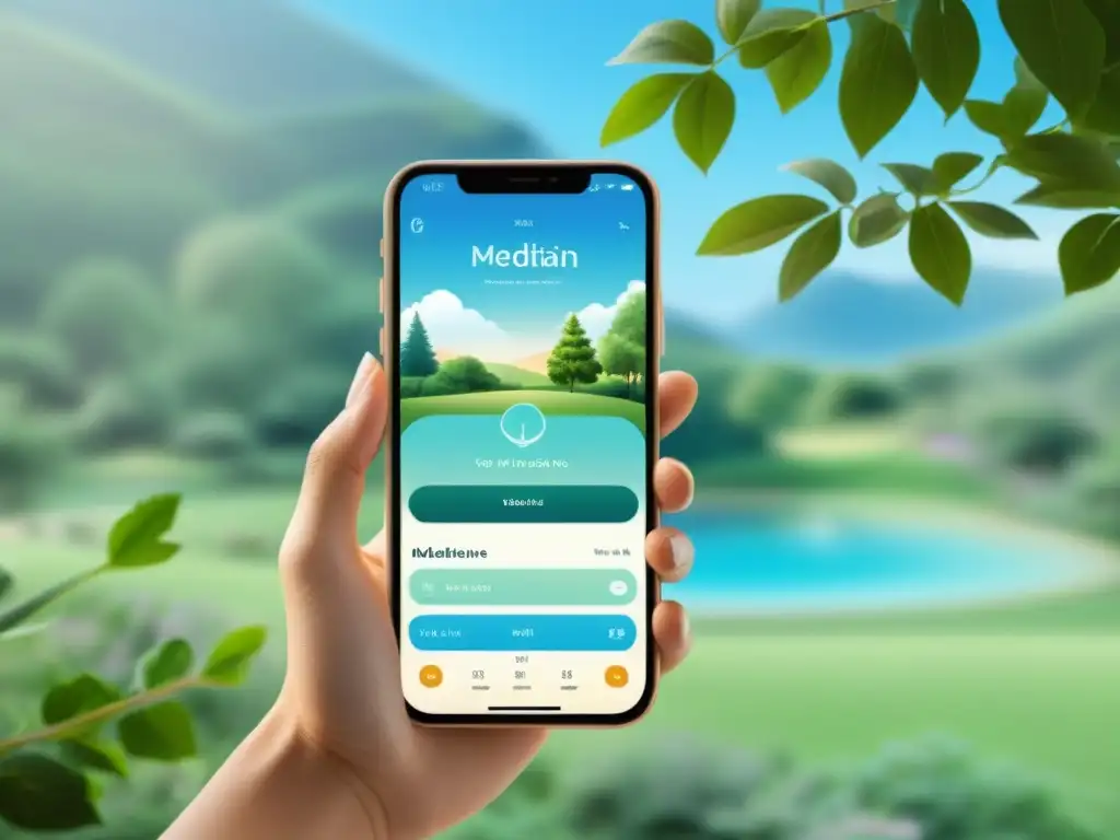 App de meditación: Paz y tranquilidad en la naturaleza Efectos del estrés en el sistema inmunológico: Interfaz relajante de app de meditación en smartphone, con colores suaves y naturaleza serena