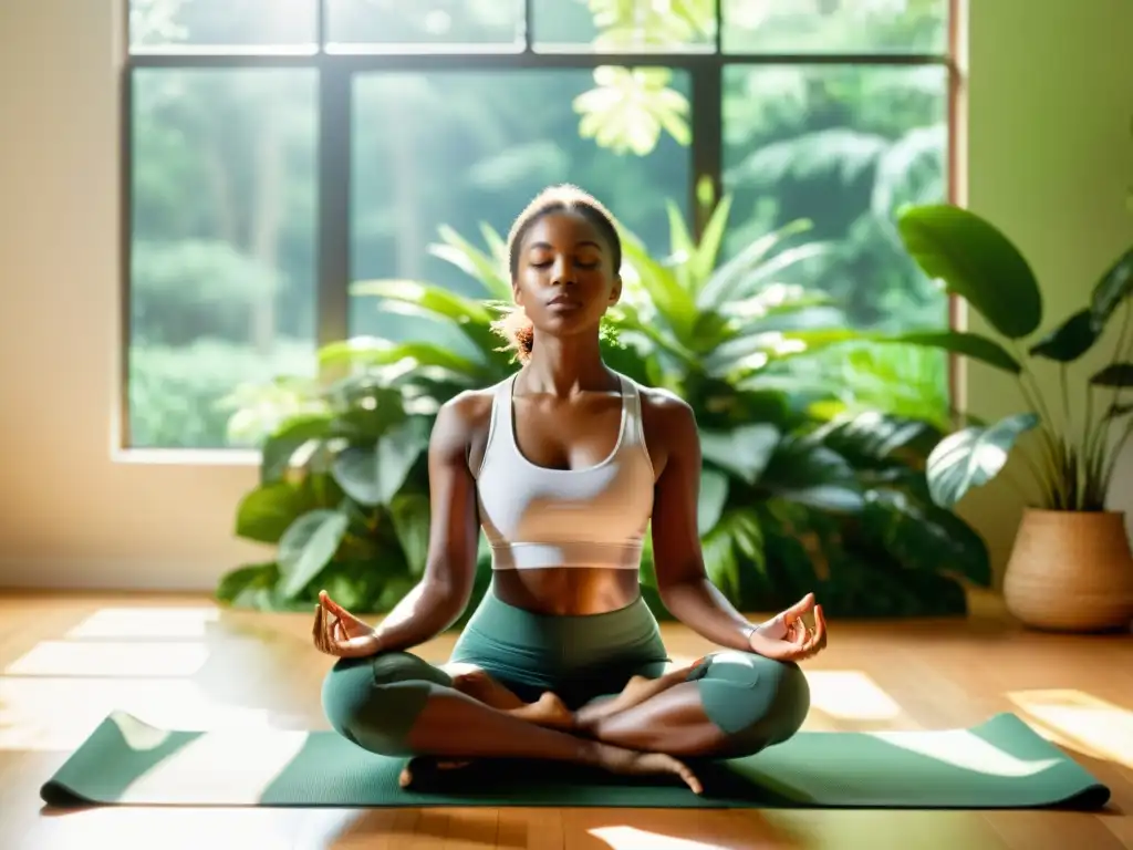 Meditación serena entre la naturaleza Ejercicios de meditación para fortalecer defensas: Persona meditando en un espacio soleado rodeado de vegetación exuberante, en profunda calma