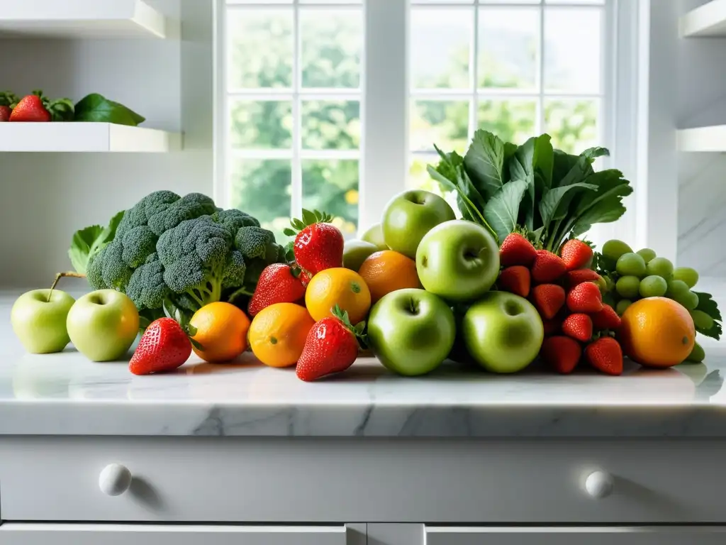 Arte culinario: Frutas y vegetales frescos sobre mármol blanco Una elegante y apetitosa exhibición de frutas y verduras frescas en un moderno mostrador de mármol blanco