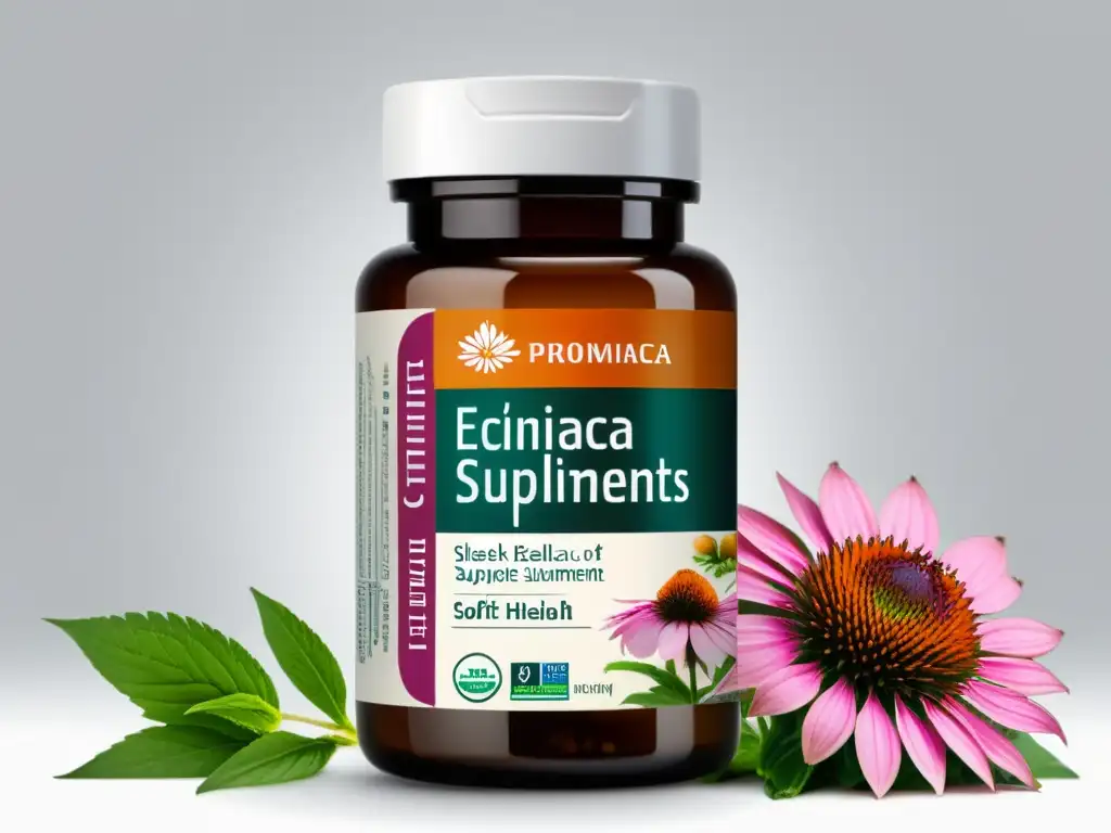 Suplemento de Equinácea: Inmunidad y Elegancia Elegante botella de suplementos de equinácea para la gripe, transmitiendo calidad y eficacia con su diseño minimalista y profesional