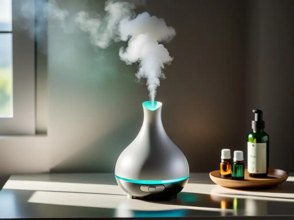 Difusor de aceites esenciales en un espacio moderno y relajante Un elegante difusor de aceites esenciales libera una fina neblina en un espacio minimalista bien iluminado