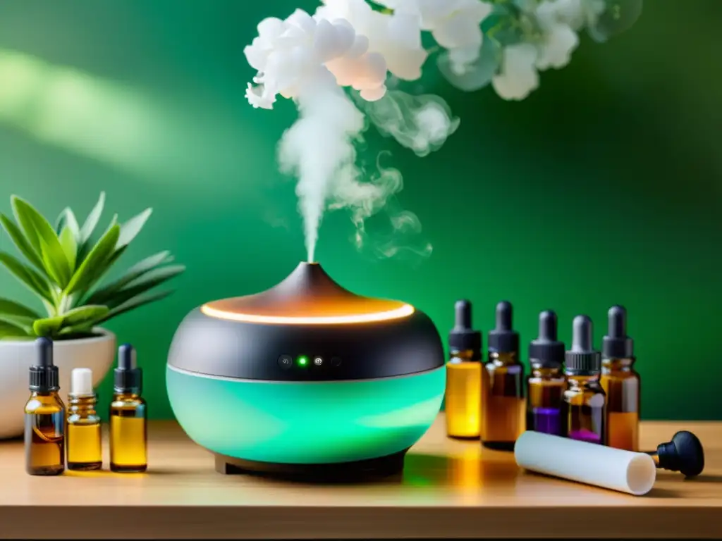 Armonía natural: difusor moderno y aceites esenciales vibrantes Un elegante difusor emite suave resplandor junto a aceites esenciales vibrantes, sobre una mesa minimalista con plantas