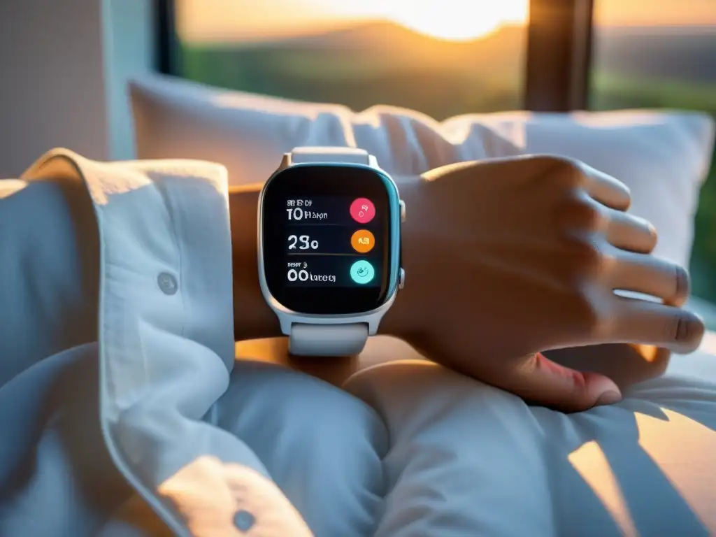 Smartwatch de última generación en un amanecer relajante Un elegante reloj inteligente descansa sobre una suave almohada blanca con la suave luz del amanecer de fondo