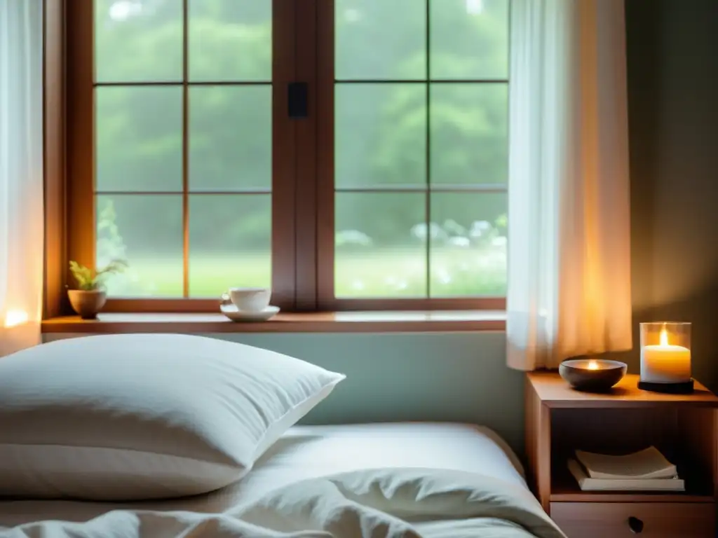 Refugio de serenidad: dormitorio acogedor para descanso Encantador dormitorio con luz suave y cálida, invitando al descanso y la relajación