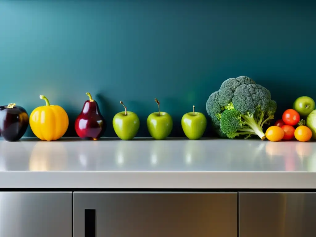 Encantadora variedad de frutas y verduras para reforzar el sistema inmune Una encantadora cocina minimalista con frutas y verduras coloridas, perfecta para la prevención de resfriados y gripes en adultos