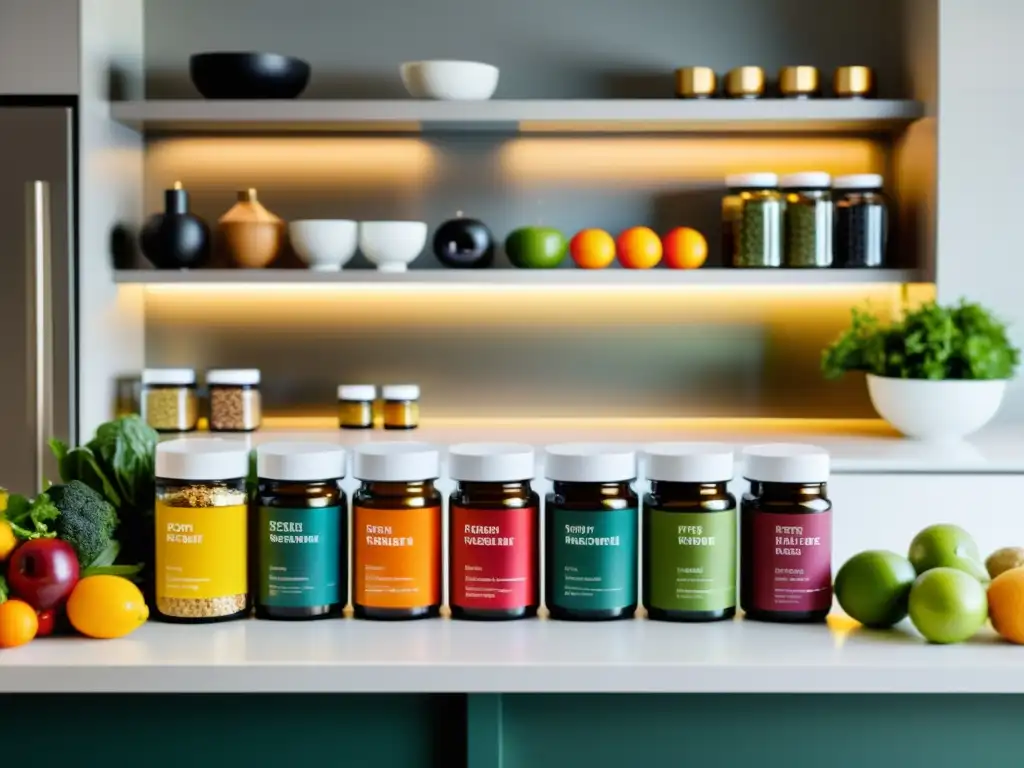 Suplementos de calidad en una cocina moderna Una encantadora cocina moderna con suplementos de alta calidad y productos frescos, integrar suplementos para fortalecer inmunidad