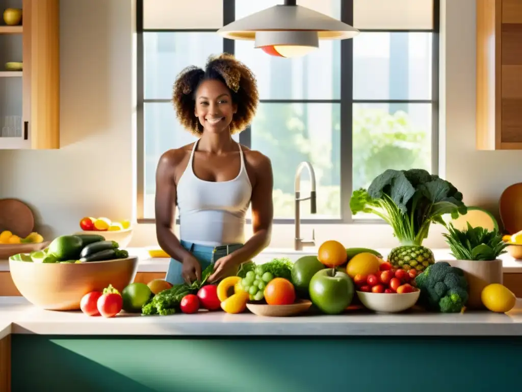 Cocina llena de frutas y verduras: salud y bienestar Nutrición para enfermedades autoinmunes: Una cocina vibrante llena de frutas y verduras coloridas, bañadas por la cálida luz del sol
