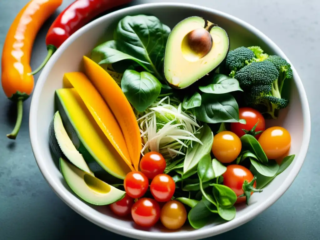 Ensalada fresca y colorida: una explosión de vitalidad Una ensalada vibrante y colorida, llena de verduras frescas y orgánicas, con gotas de agua que realzan la frescura