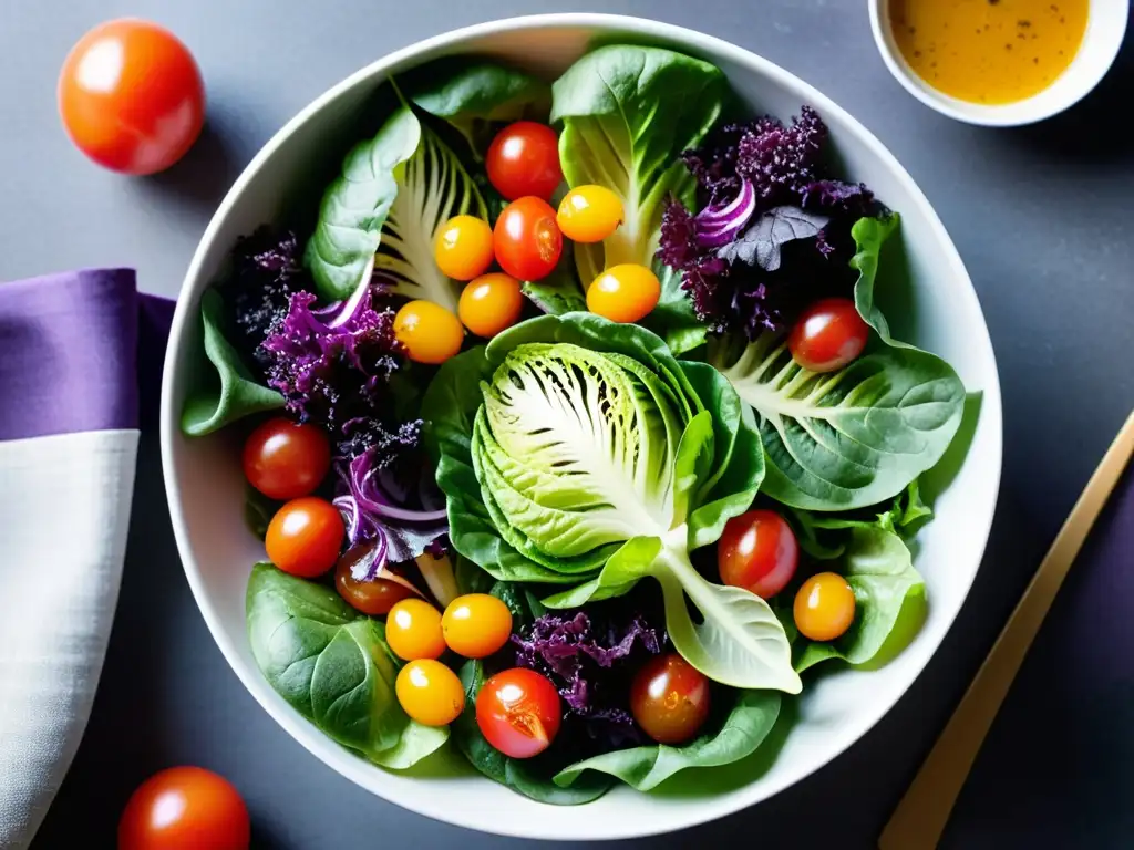 Ensalada Colorida y Vibrante: Detalles Ultra Nítidos Una ensalada vibrante y colorida, llena de vegetales frescos y crujientes, realzando la belleza de la nutrición y la salud