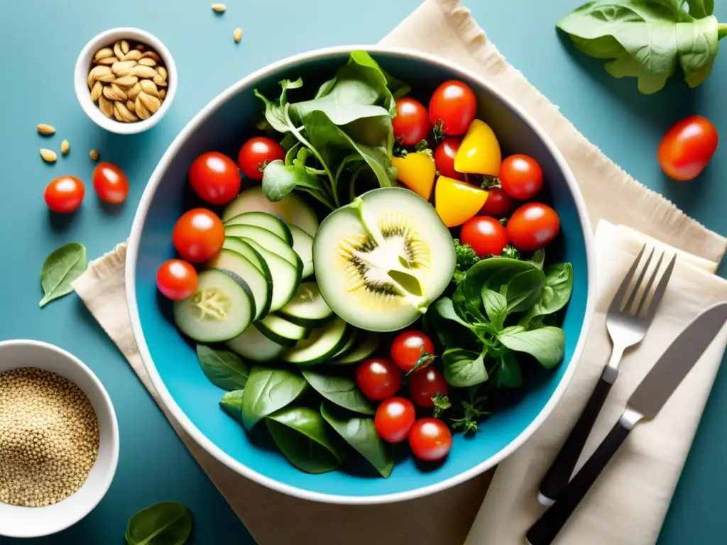 Ensalada fresca y vibrante: una explosión de color y sabor Ensalada vibrante y diversa con ingredientes frescos que fortalecen el sistema inmune, en un moderno y elegante tazón de ensalada