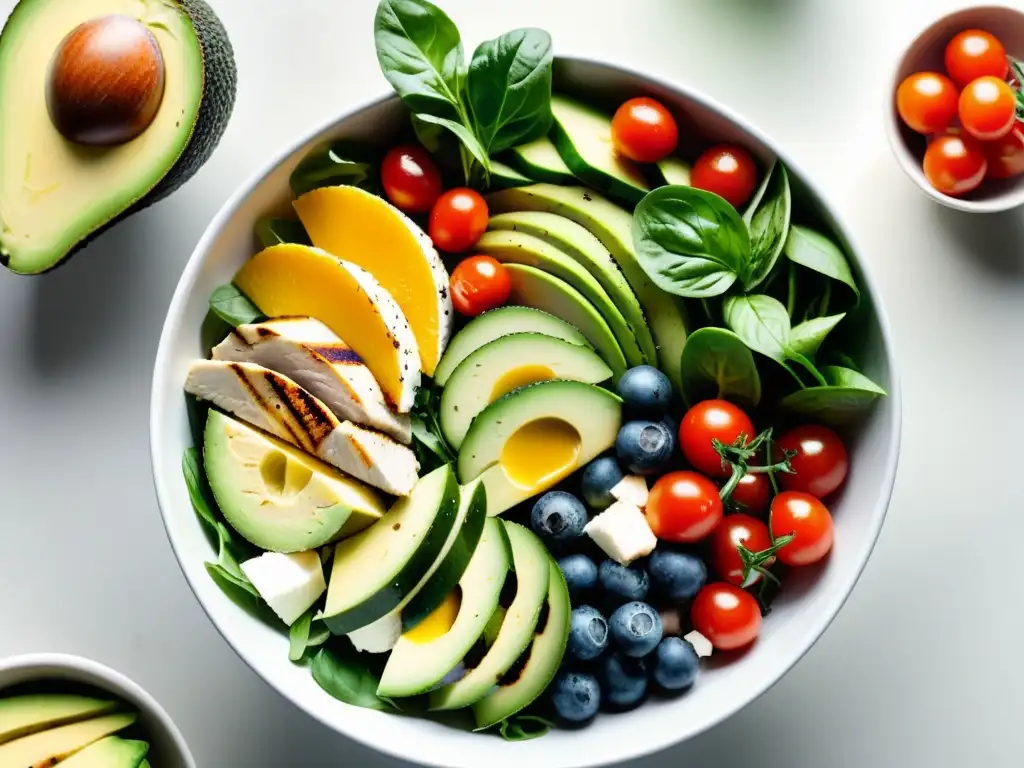 Ensalada fresca y vibrante con ingredientes saludables Una ensalada vibrante y fresca para fortalecer el sistema inmune, llena de ingredientes coloridos y nutritivos, sobre una superficie blanca limpia
