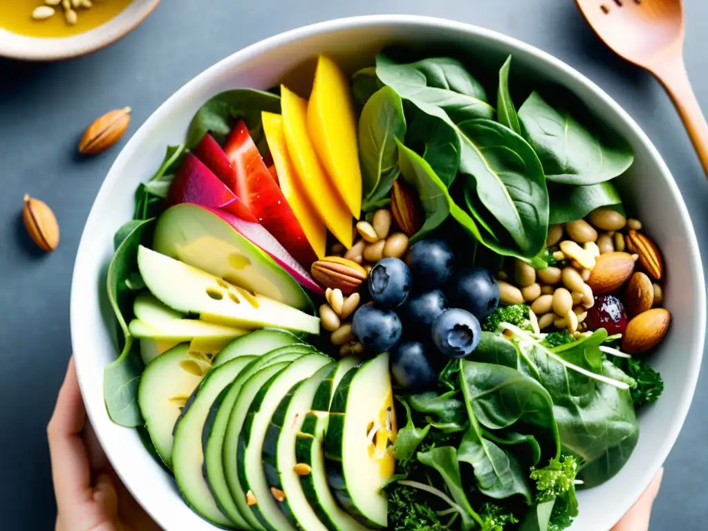 Ensalada de hojas verdes y frutos rojos: frescura y vitalidad Una ensalada vibrante y llena de nutrientes, con vegetales frescos, bayas antioxidantes y semillas, todo con un aderezo ligero y sabroso
