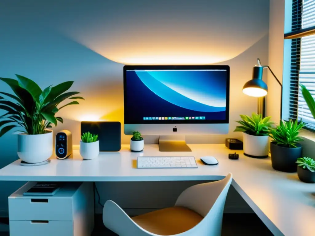 Oficina estéril y organizada con plantas, promueve la salud Un entorno de trabajo saludable y libre de alérgenos, promoviendo la protección del sistema inmunológico en el trabajo