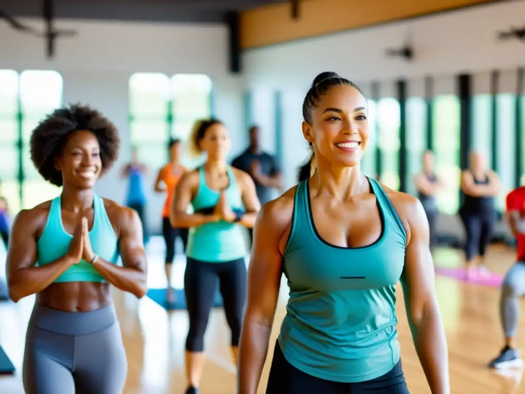 Entrenamiento inclusivo para la salud Un entrenador personal lidera un diverso grupo en una sesión de ejercicio dinámica y emocionante en un gimnasio luminoso
