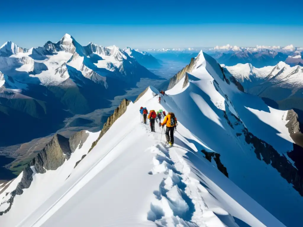 Montañeros desafiando cimas nevadas Entrenamiento en altitudes sistema inmunológico: Alpinistas escalando picos nevados en alta montaña, con vistas impresionantes y cielo azul intenso