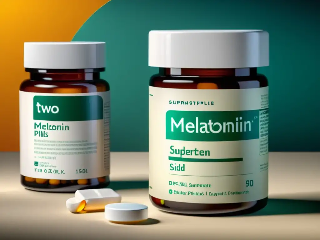 Dos tipos de melatonina: píldoras tradicionales vs Dos envases de suplementos de melatonina, uno en forma de píldoras y otro en forma de tabletas disolventes, con etiquetas claras