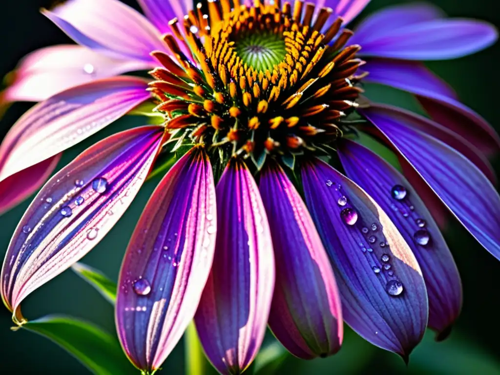 Echinacea purpurea: belleza y beneficios saludables Una equinácea morada vibrante con pétalos delicados y un cono central rodeado de rocío, resplandece bajo la luz solar