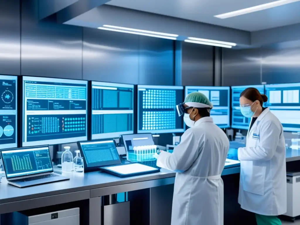 Equipo de científicos en laboratorio de alta tecnología, desarrollando vacunas en crisis de salud con dedicación y urgencia