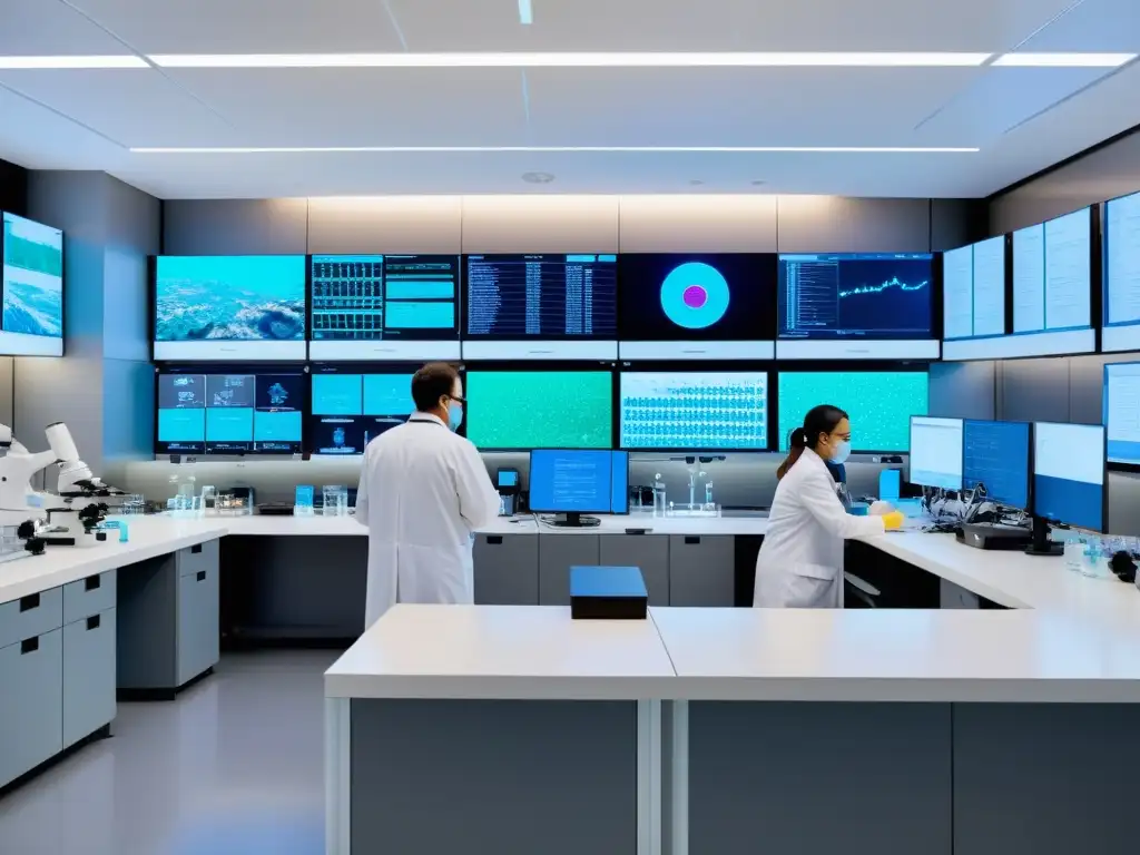 Equipo de científicos desarrollando vacunas en laboratorio de vanguardia Equipo de científicos en laboratorio de desarrollo de vacunas para inmunidad, trabajando con equipo de alta tecnología y concentración profesional