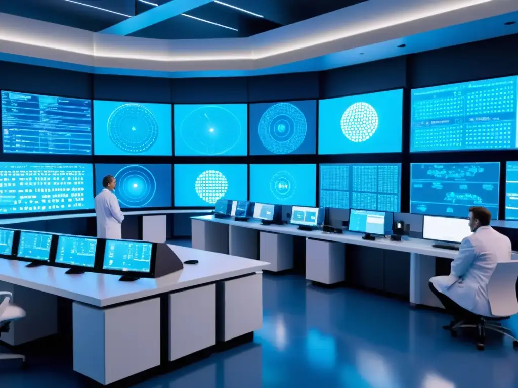 Simulaciones de Vacunas: Innovación Futurista en Laboratorio Equipo de científicos en un laboratorio futurista diseñando vacunas con inteligencia artificial, rodeados de hologramas y moléculas
