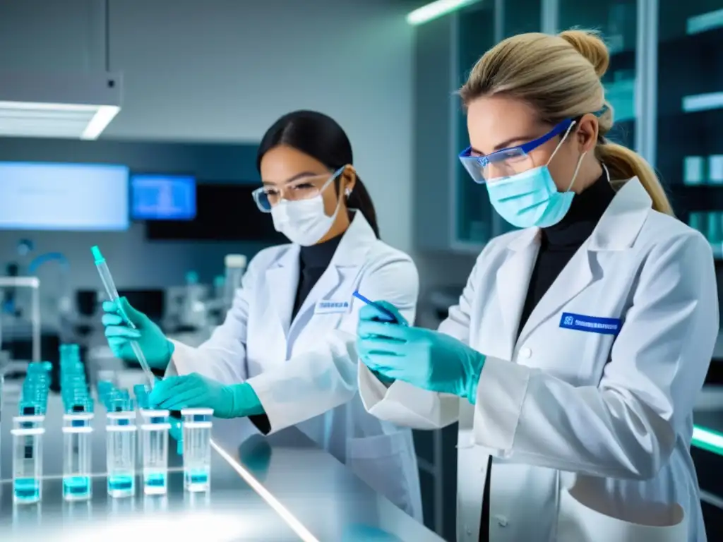 Equipo de científicos desarrollando vacunas en crisis de salud en un laboratorio de vanguardia, con precisión e innovación