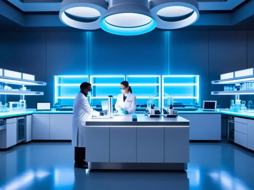Avanzada edición genética: científicos en laboratorio futurista Un equipo diverso de científicos se reúne alrededor de una máquina de edición genética en un laboratorio futurista, bañado en luz azul