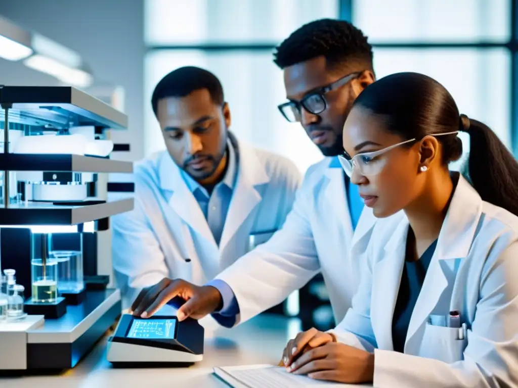 Equipo científico de vanguardia investiga vitiligo Equipo diverso de científicos y profesionales médicos trabajando en tratamientos y avances en vitíligo en un moderno laboratorio científico