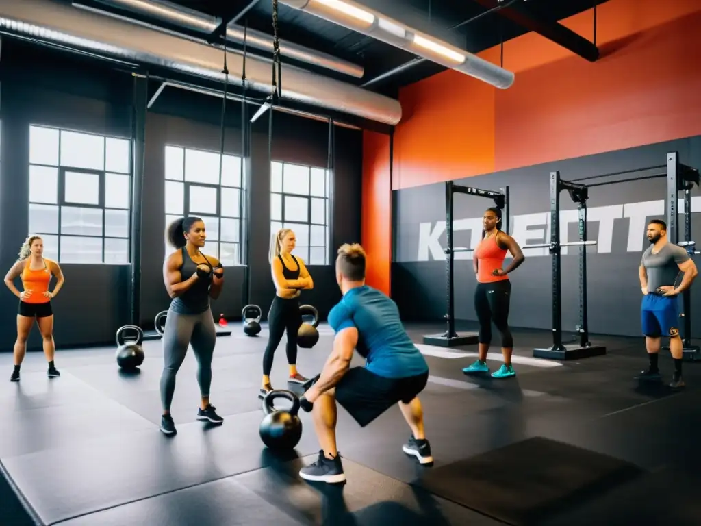 Intensidad y determinación: sesion de CrossFit con atletas diversos Un equipo diverso realiza un intenso entrenamiento CrossFit para fortalecer el sistema inmunológico, mostrando determinación y enfoque
